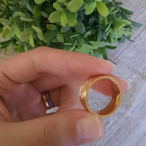 Gold-Plated, Stainless Steel Wide Band Wedding Ring - Multi Faceted Size 7 - Picture 6 of 15